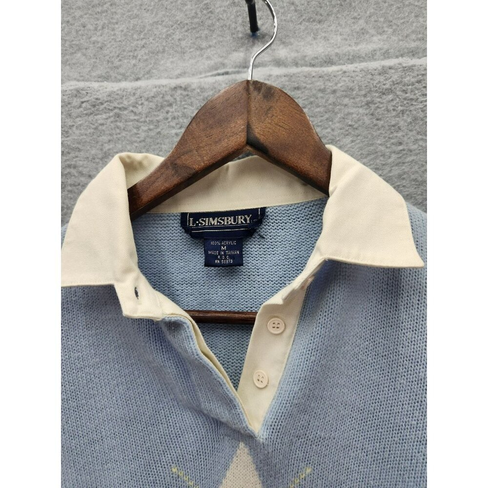 L. Simsbury Argyle Sweater Medium Blue & Cream Collar - Picture 4 of 5